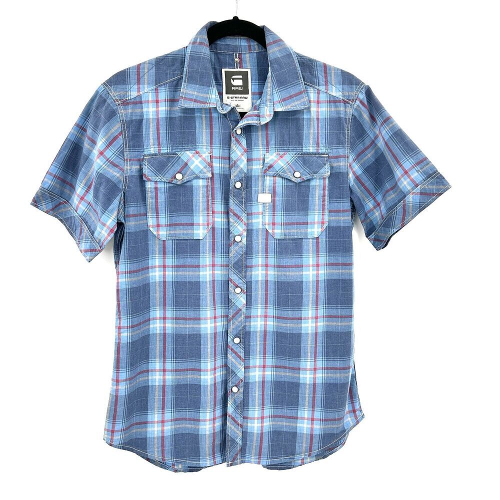 G-STAR Raw Blue Red Plaid Pearl Snap Button Up Short Sleeve Landoh Shirt Medium
